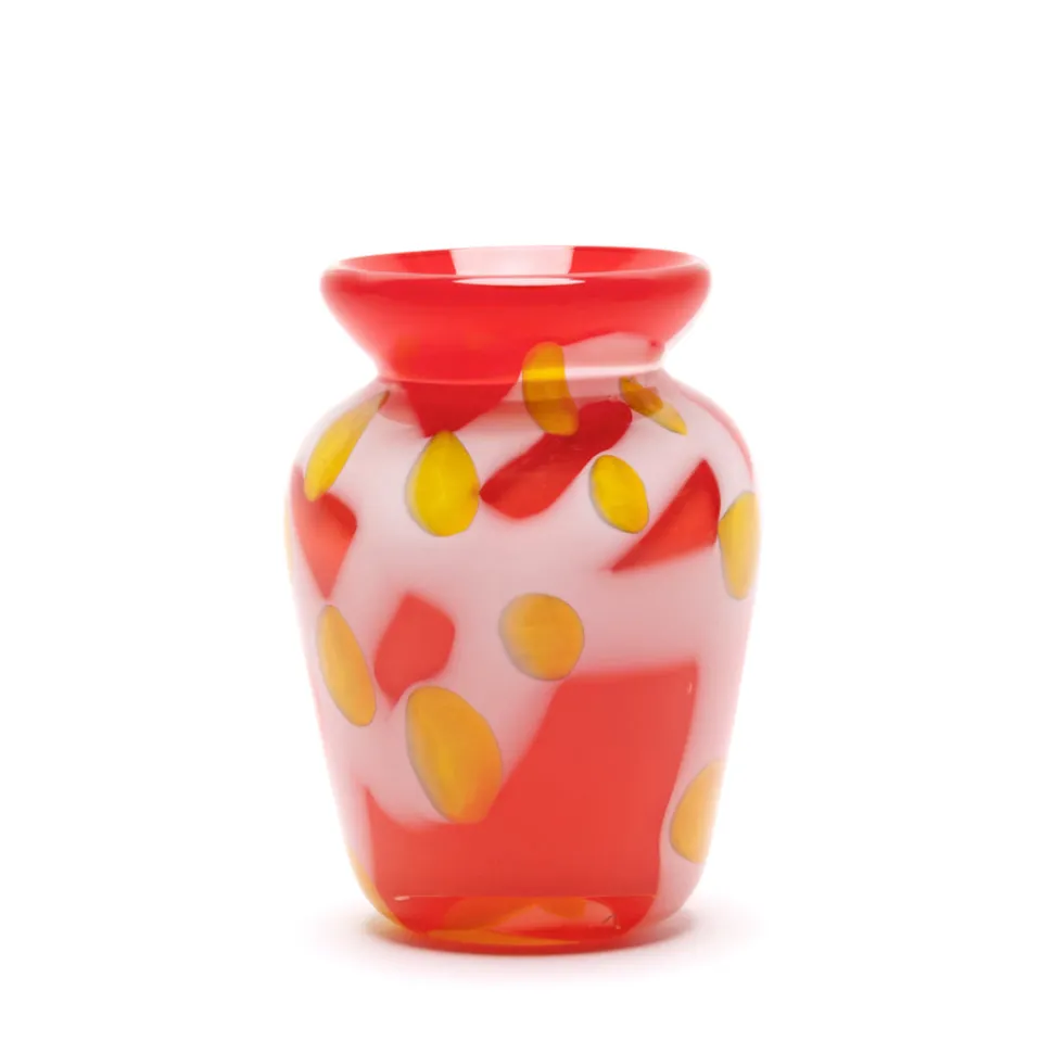 Bright Red Vase with White Strokes & Yellow Spots