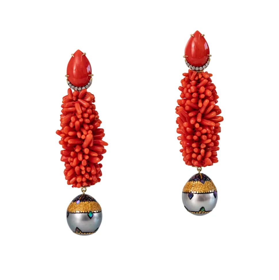 Coral Earrings with Micro Mosaic Grey Pearls