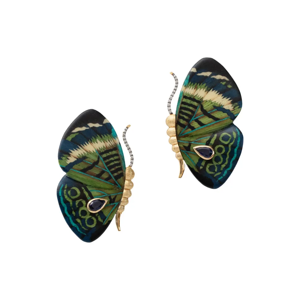 Green & Teal Marquetry Butterfly Earrings with Kyanite
