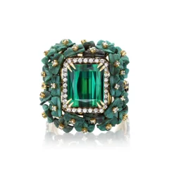Green Tourmaline & Carved Wood Flower Ring