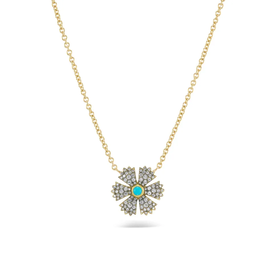 Mini Diamond Flower Pendant with Turquoise Center