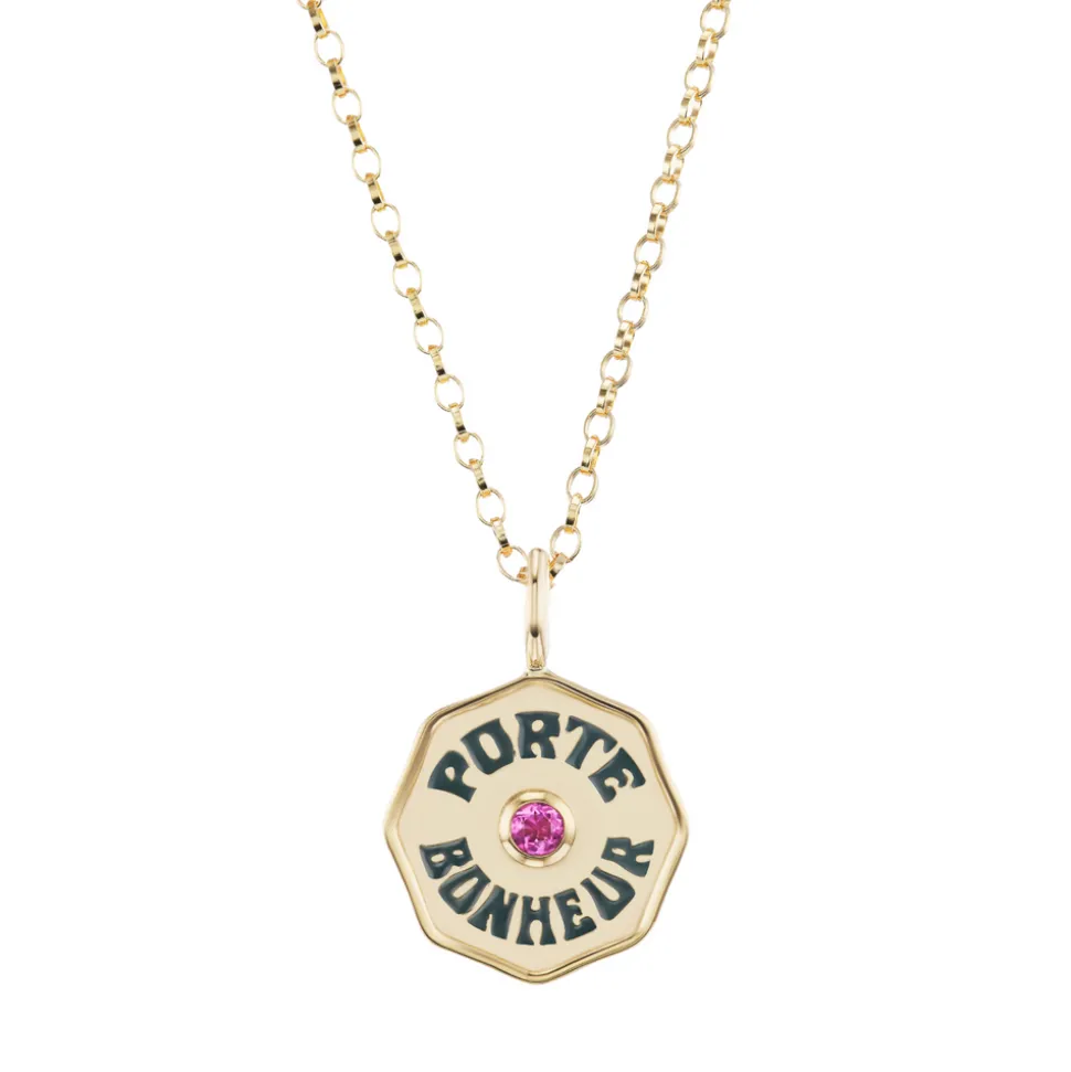 Mini Porte Bonheur Charm- Black Enamel & Pink Tourmaline