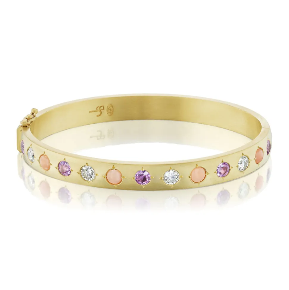 Pink Sapphire, Coral and Diamond Gypsy Bangle