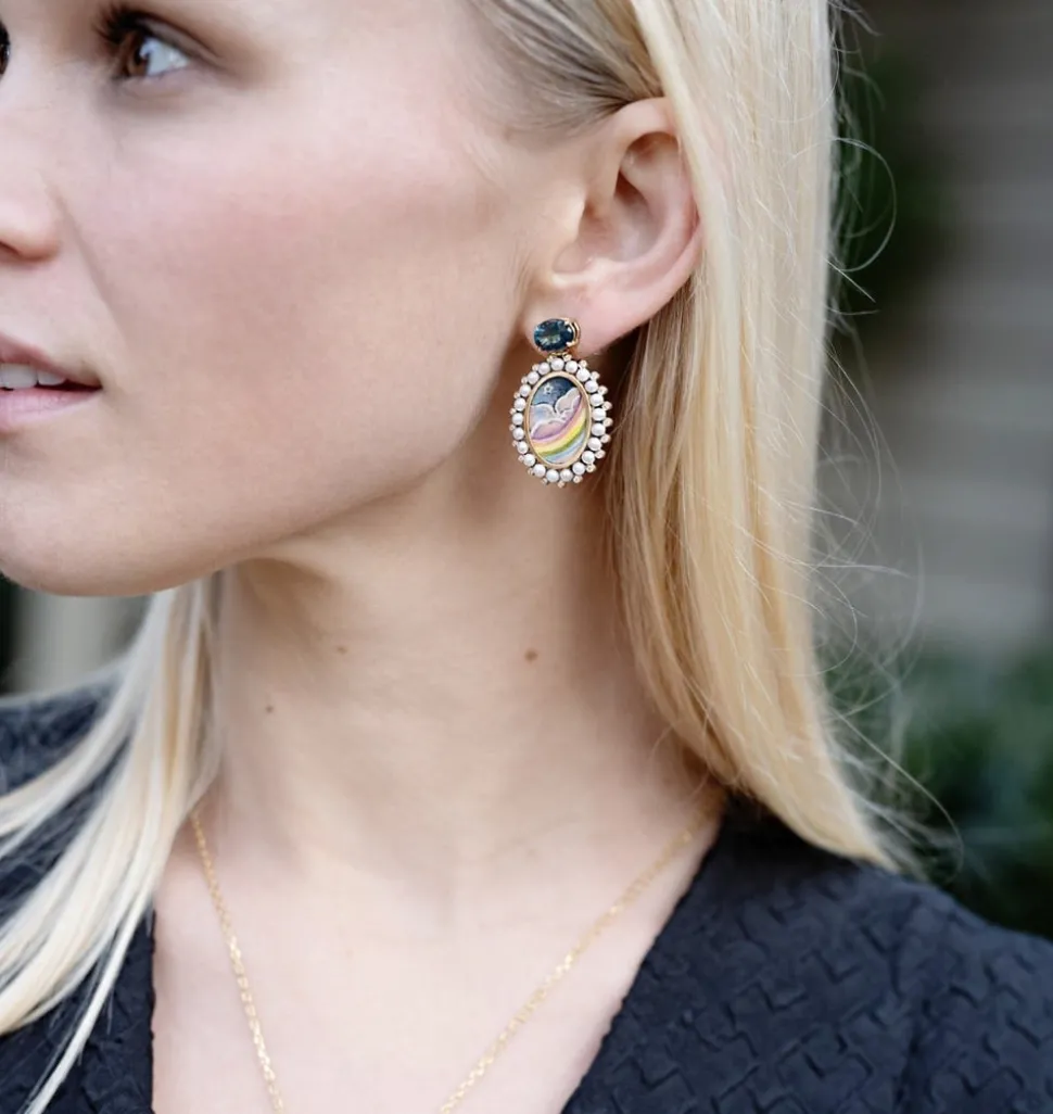 Rainbow Motif Miniature Painting Earrings with London Topaz & Pearls