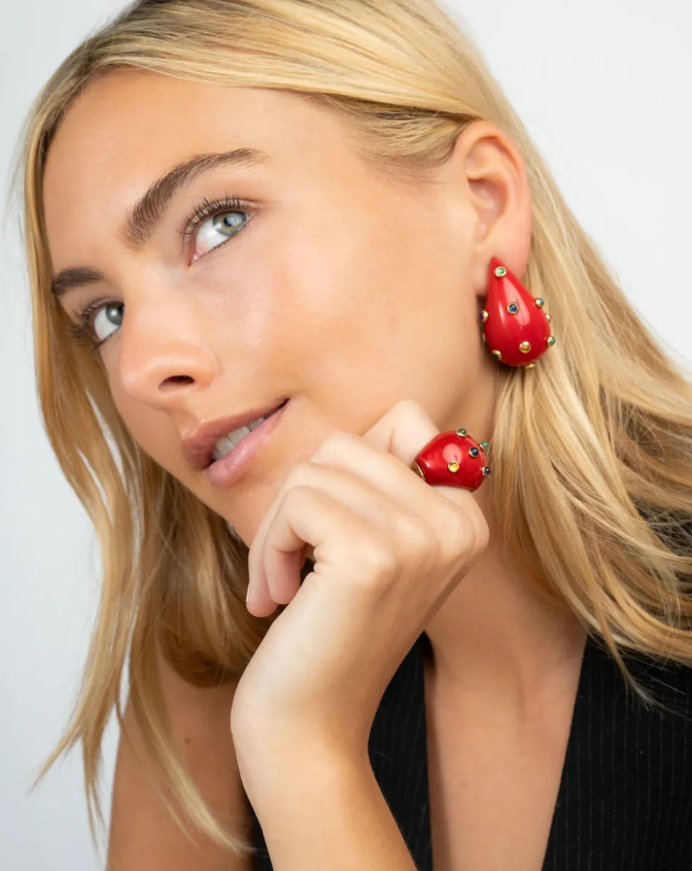 Red Dome Ring with Studded Gemstones
