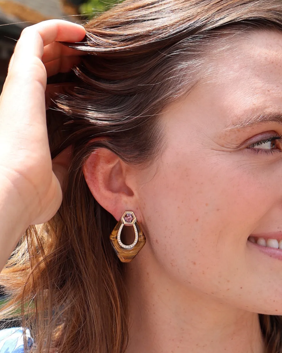 Tiger's Eye Nomad Doorknocker Earrings with Pink Spinel