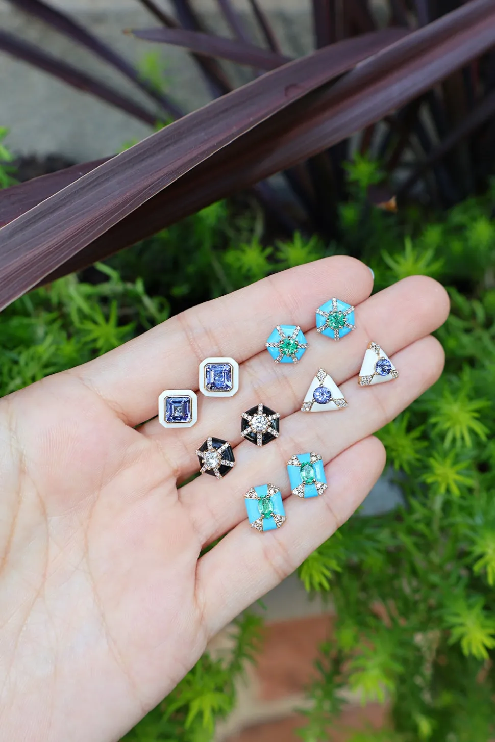 Turquoise Enamel and Emerald Hexagon "Queen" Stud