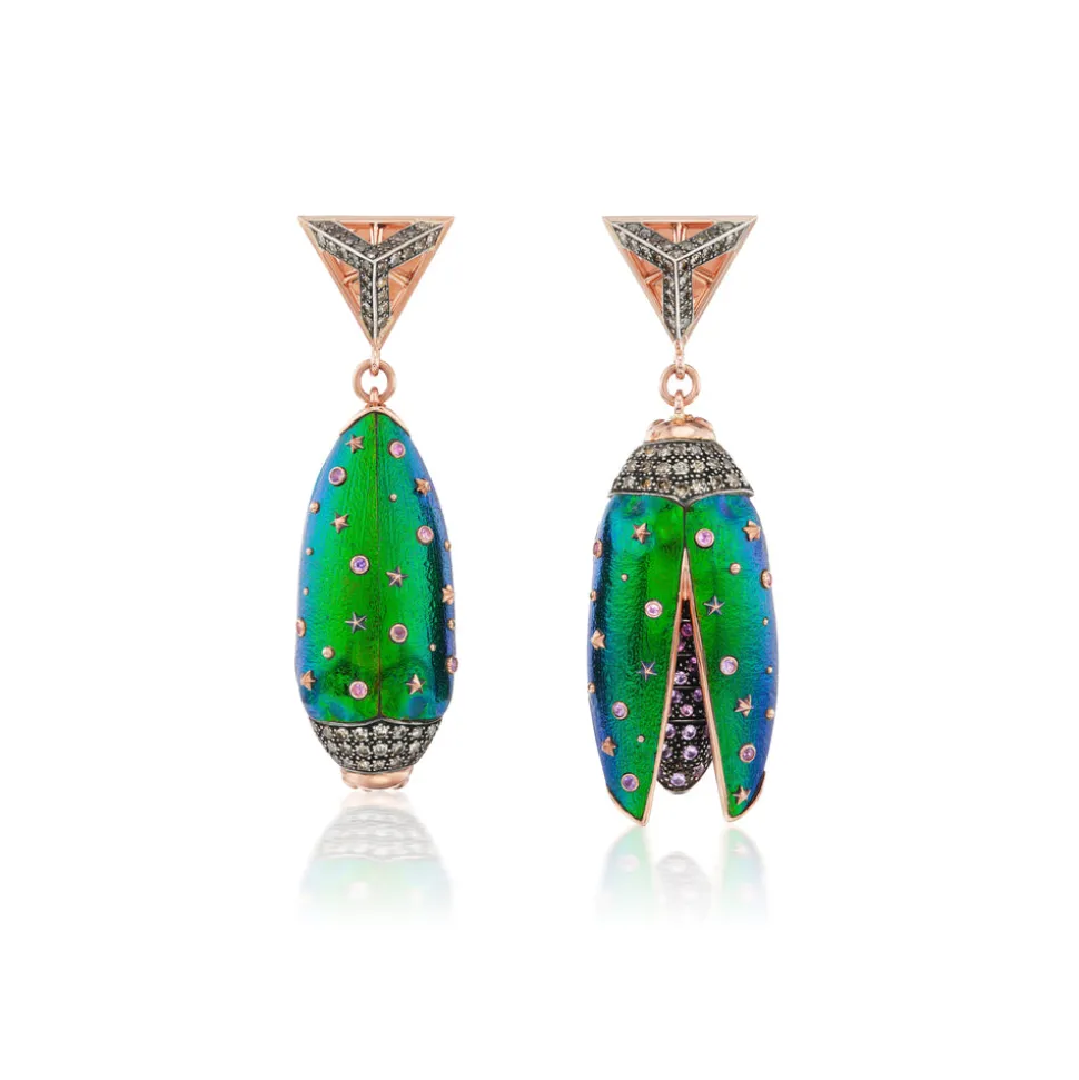 Up Side Down Green Scarab Earrings